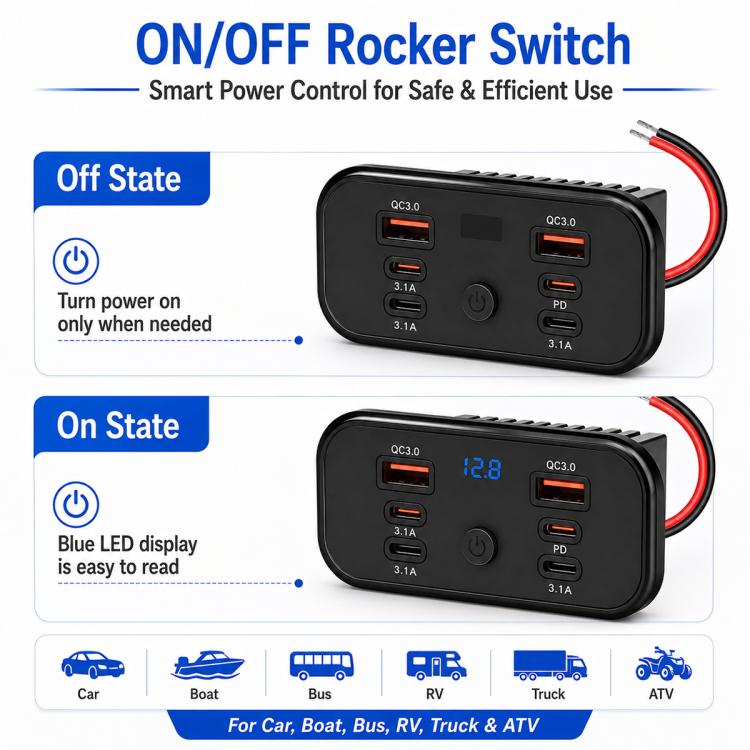 Black car USB charger with blue voltmeter display and central on/off rocker switch