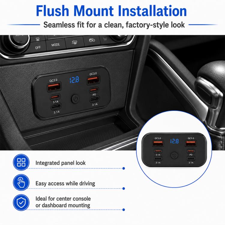 Black flush-mount car charger panel with 6 ports and voltmeter display