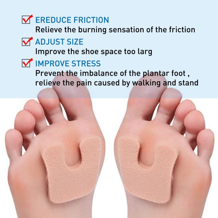 Beige felt toe pads shown on toes to reduce friction and improve fit
