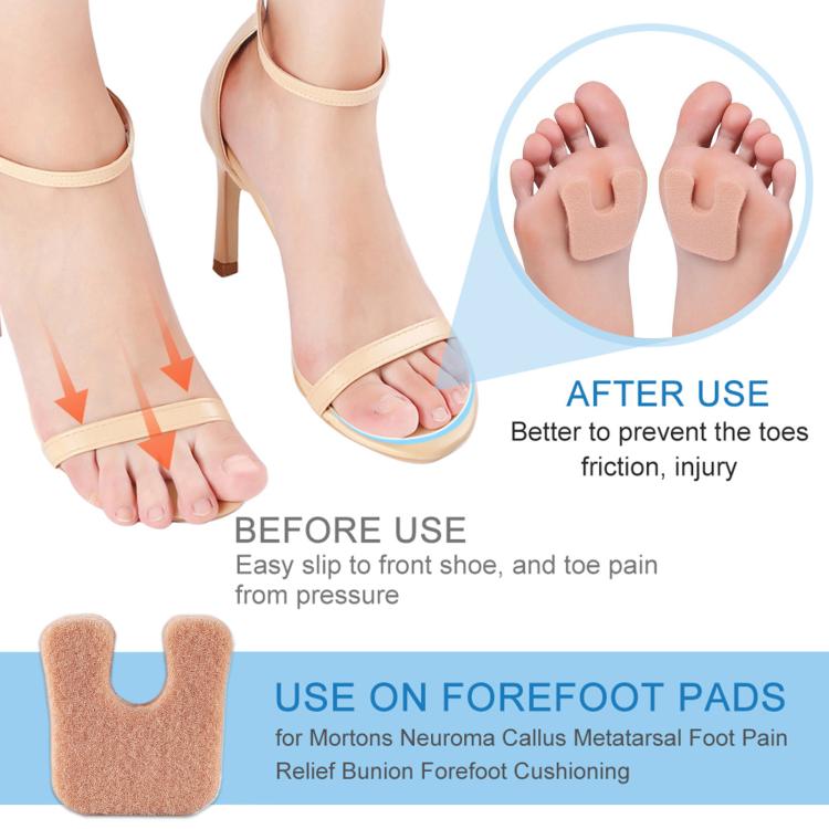 Felt toe pads worn with a strap sandal, cushioning toes and forefoot area