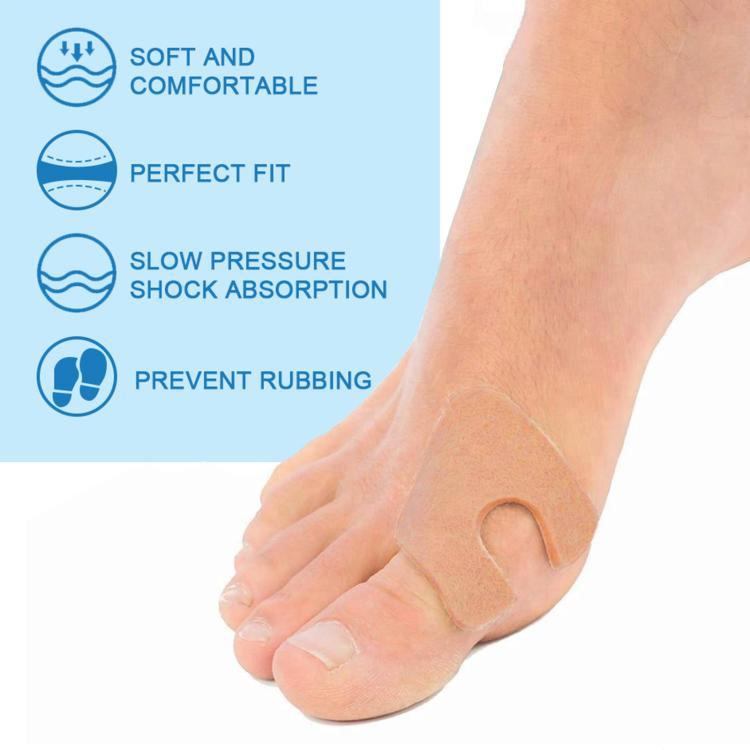 Bare foot wearing a beige U-shaped felt toe pad with toe cutout