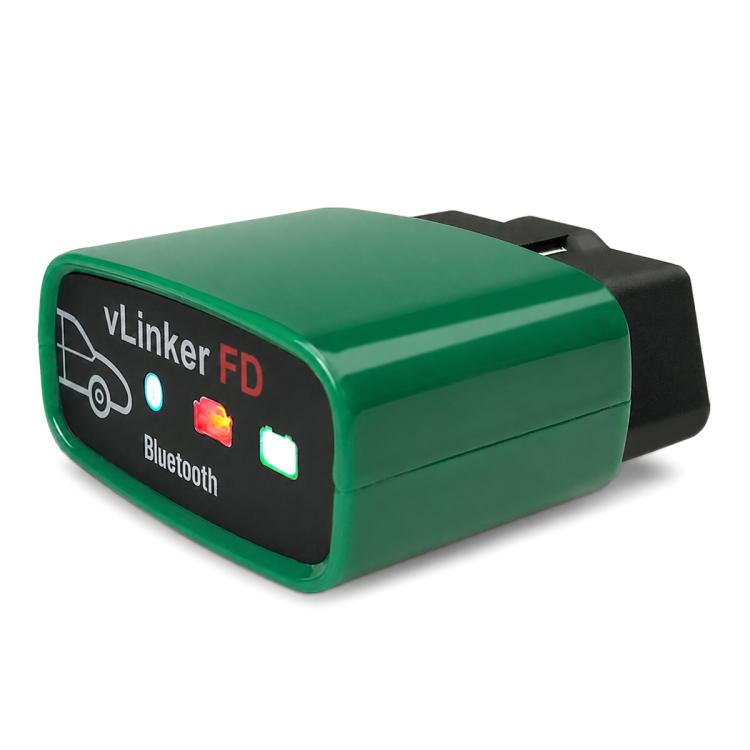 Green vLinker FD Bluetooth OBD2 diagnostic scanner with front indicator display