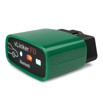 Green vLinker FD Bluetooth OBD2 diagnostic scanner with front indicator display