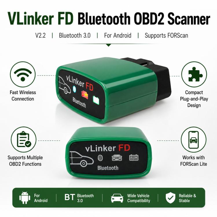 Green vLinker FD Bluetooth OBD2 scanner angled front view with button icons