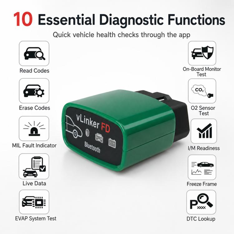 Green vLinker FD Bluetooth OBD2 scanner front view with port area and labels