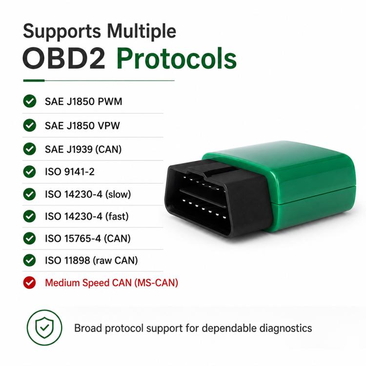 Green vLinker FD Bluetooth OBD2 scanner with black OBD connector end