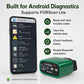 Green vLinker FD Bluetooth OBD2 scanner beside smartphone app interface