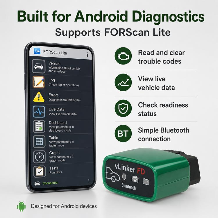 Green vLinker FD Bluetooth OBD2 scanner beside smartphone app interface