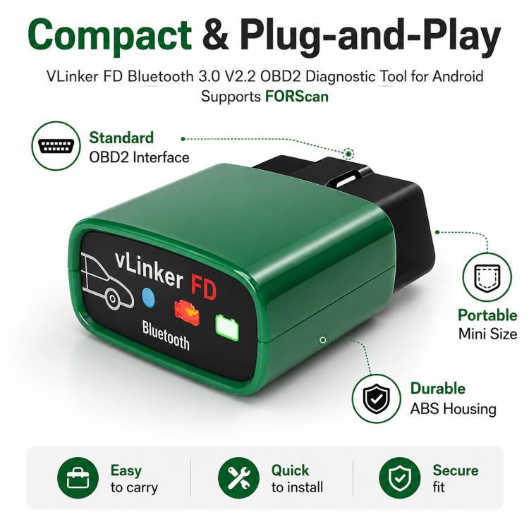 Green vLinker FD Bluetooth OBD2 scanner compact body with front display panel