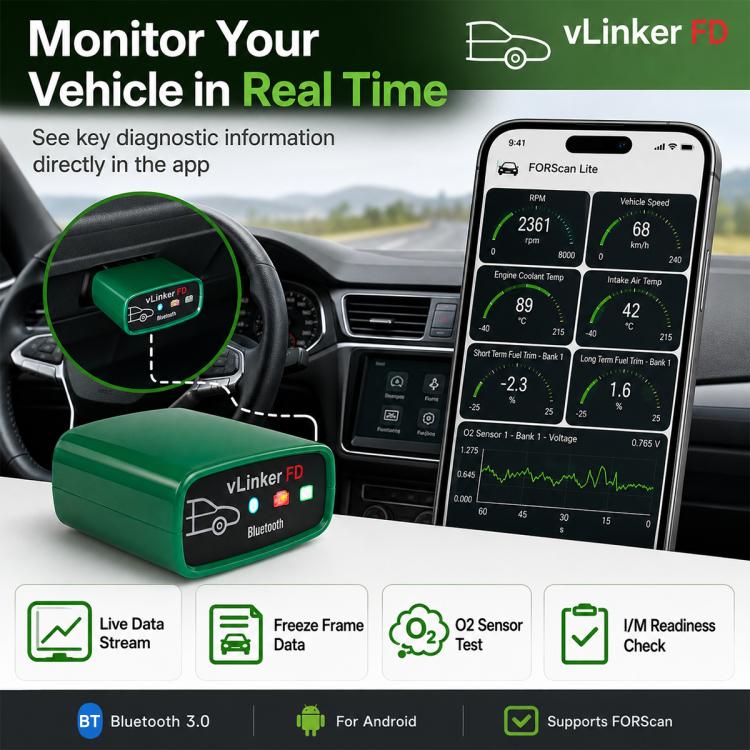 Green vLinker FD Bluetooth OBD2 scanner with phone app display in car