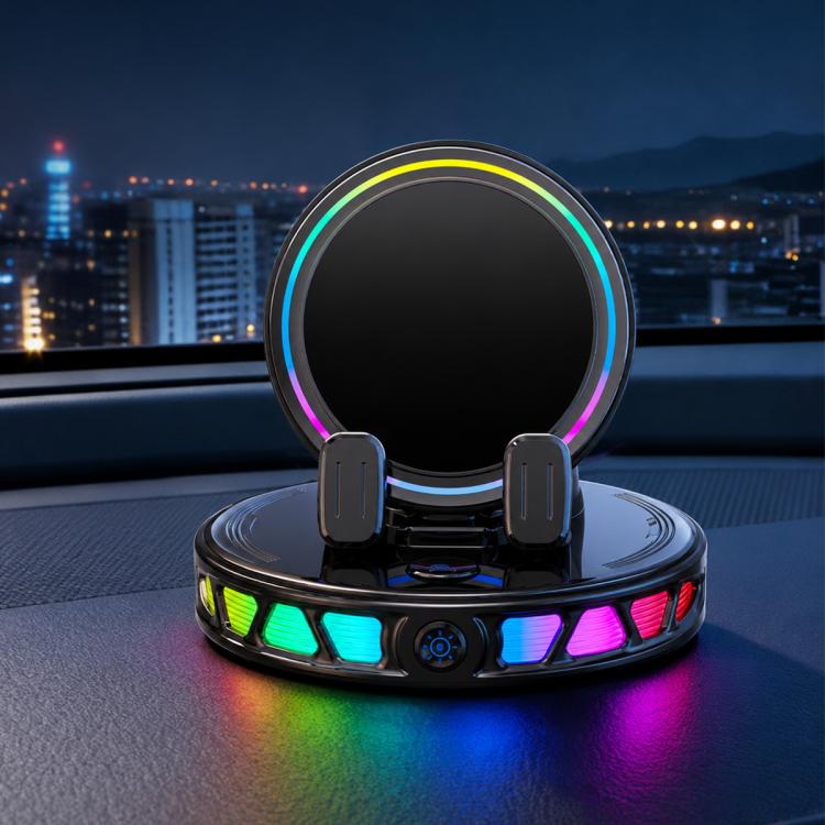 Black wireless car phone holder with RGB light ring and dual spring clips