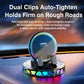 Black wireless car phone holder with glowing RGB base ring and dual clip design