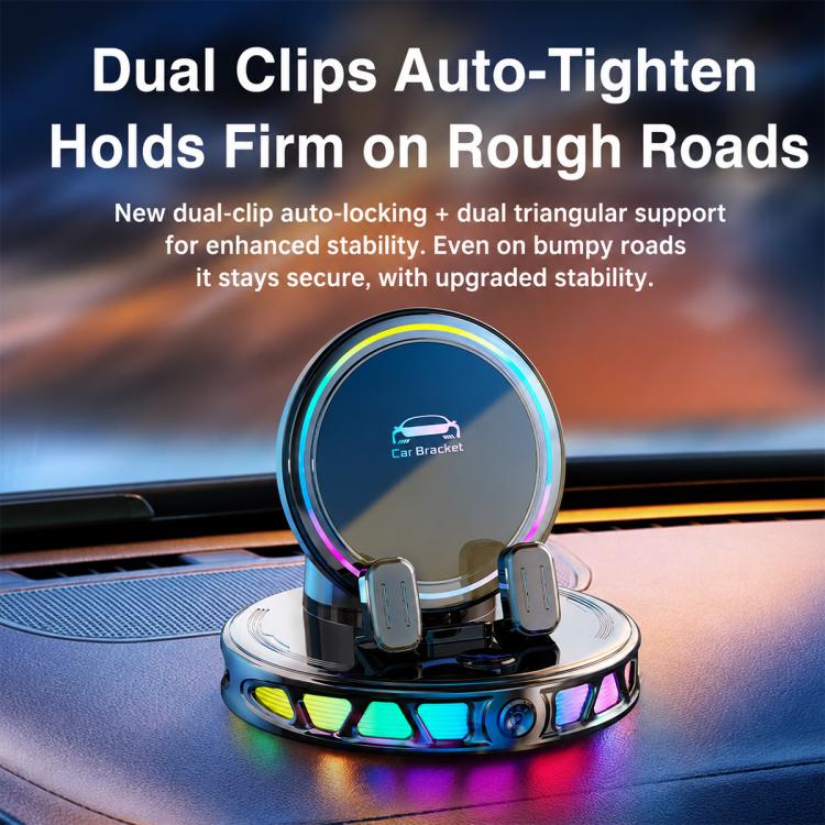 Black wireless car phone holder with glowing RGB base ring and dual clip design
