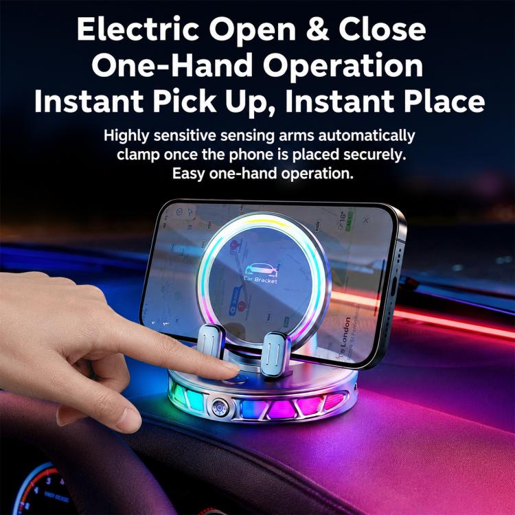 Black wireless phone holder with RGB light ring and automatic spring clamp grips