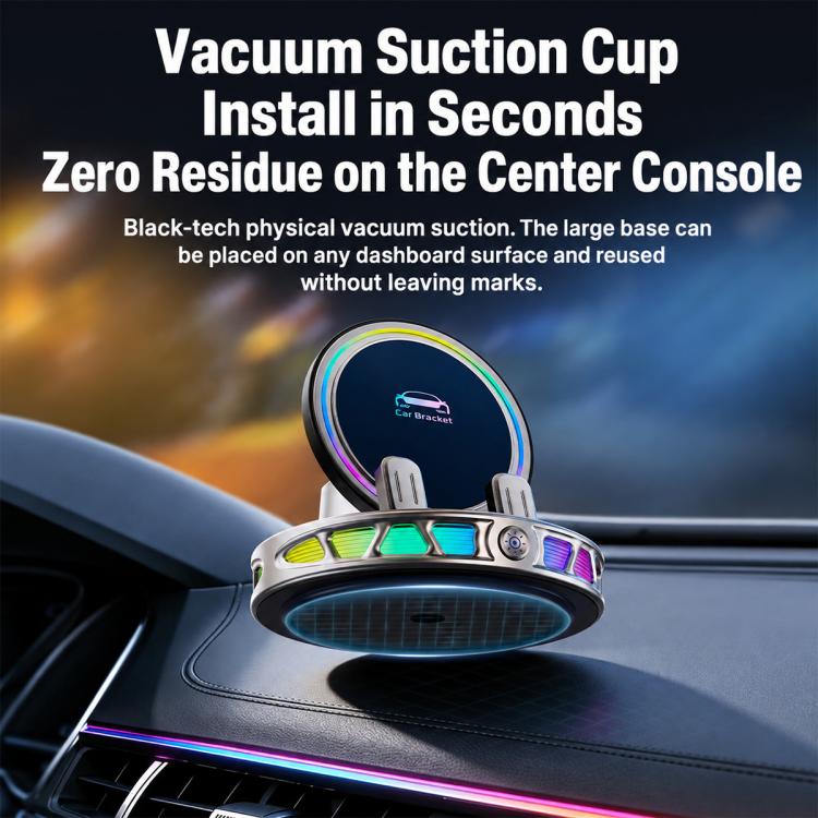 Black wireless phone holder with RGB light ring and vacuum-suction base on dashboard