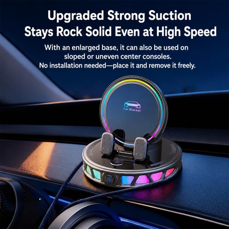 Black wireless phone holder with RGB base ring and circular mount on dashboard