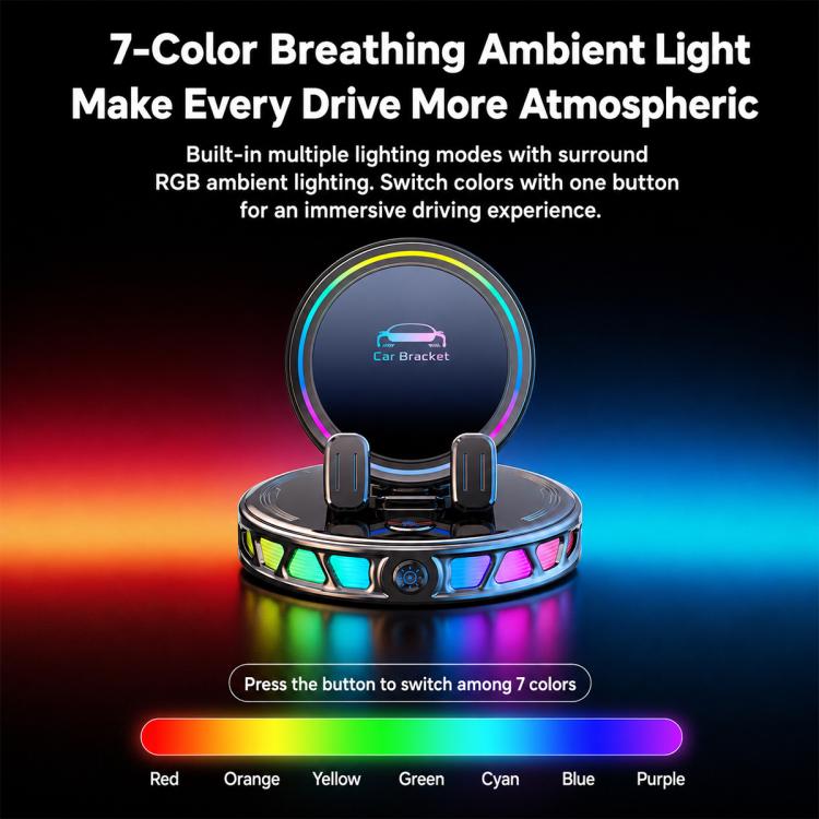 Black wireless phone holder with RGB multi-color light ring and illuminated circular frame