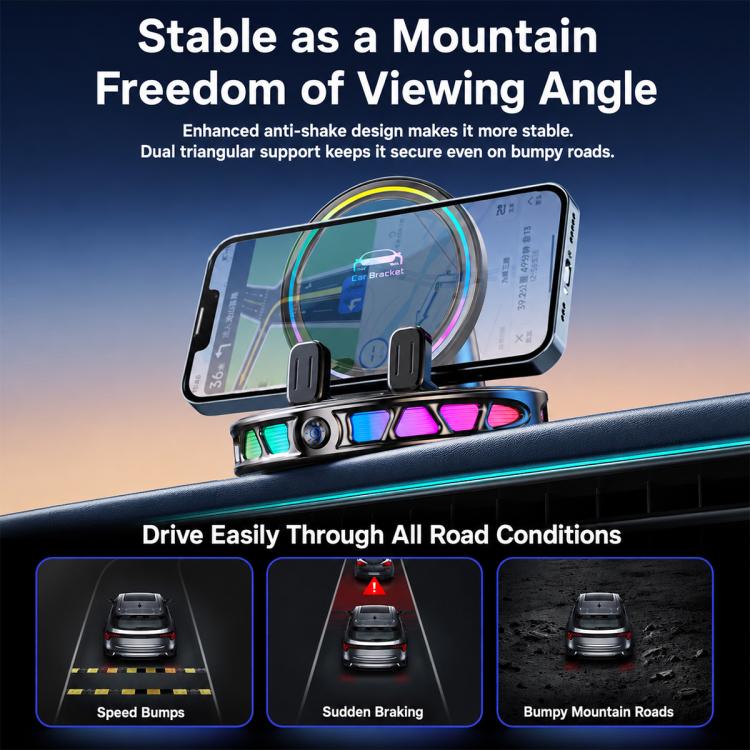 Black wireless phone holder with RGB light ring and clamp arms on dashboard