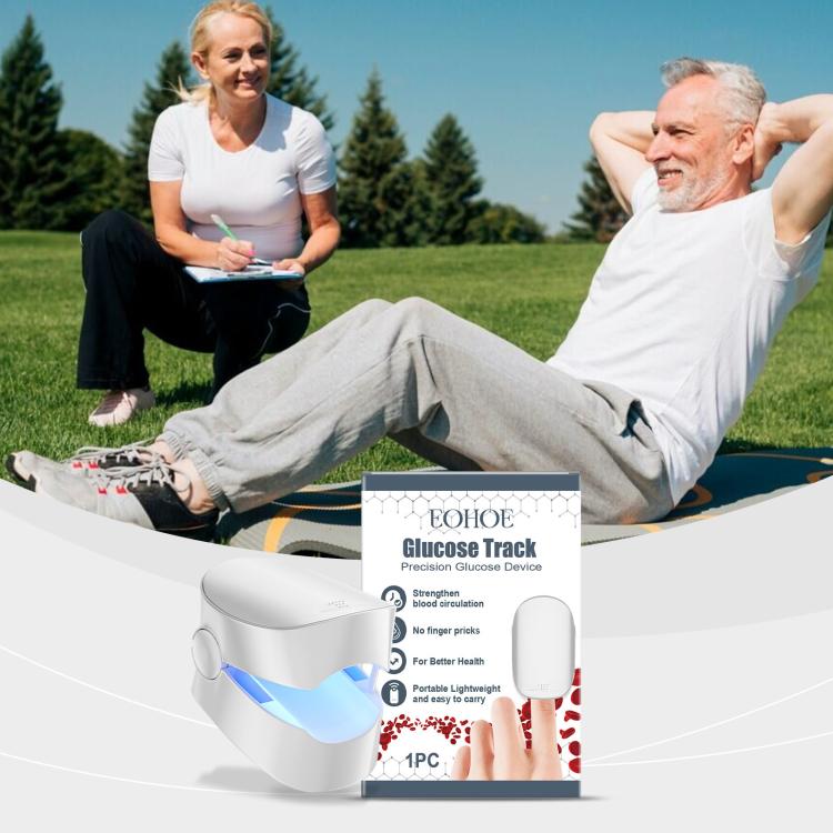 White portable glucose tracker device with blue indicator light and handle, with box.