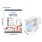 White handheld glucose tracker device with blue light strip, side view with size labels.