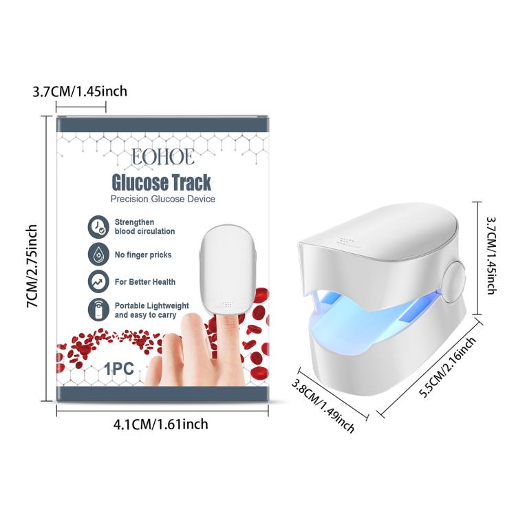 White handheld glucose tracker device with blue light strip, side view with size labels.