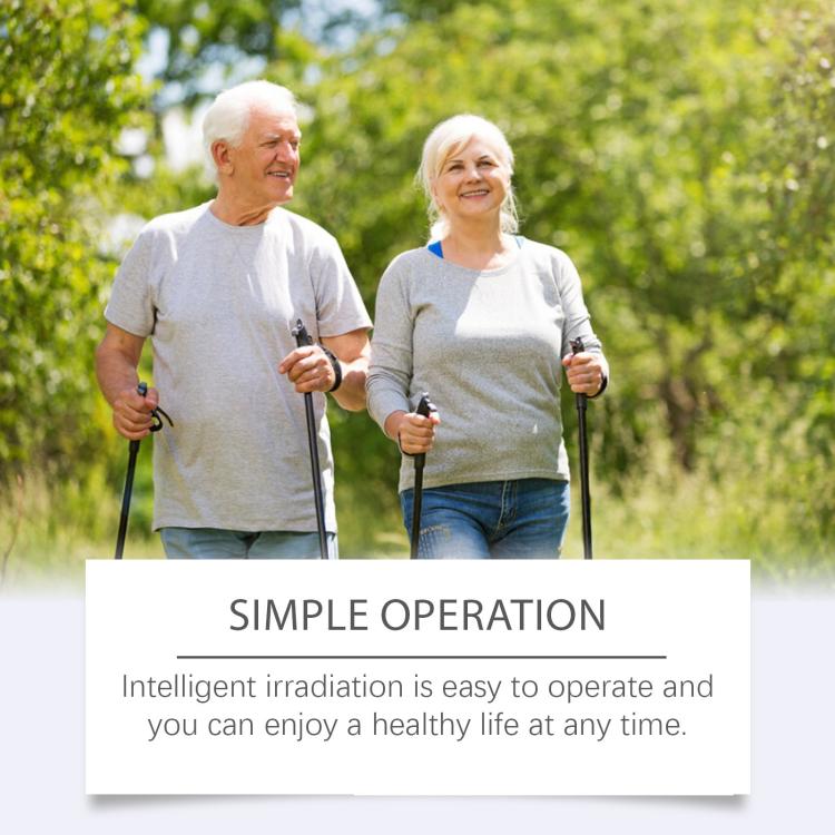 Elderly couple walking with glucose tracker feature panel labeled simple operation.