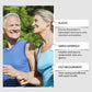 Elderly couple with glucose tracker callouts: plastic, simple interface, fast measurement.