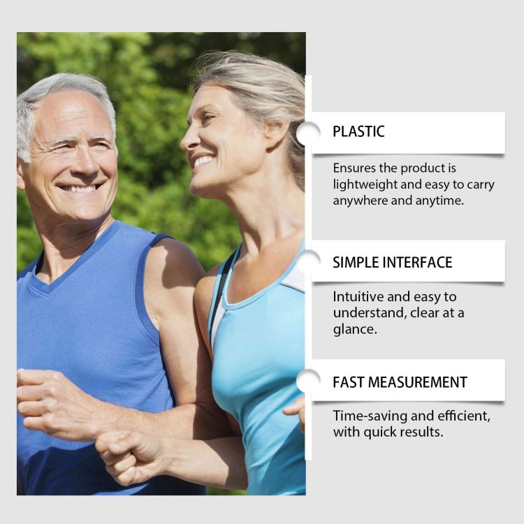 Elderly couple with glucose tracker callouts: plastic, simple interface, fast measurement.