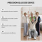 Group indoors with handheld glucose device, shown with precision glucose device feature list.