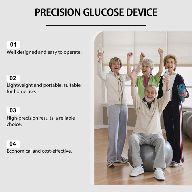 Group indoors with handheld glucose device, shown with precision glucose device feature list.