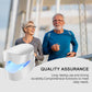 White handheld glucose tracker device near older couple, quality assurance callout.