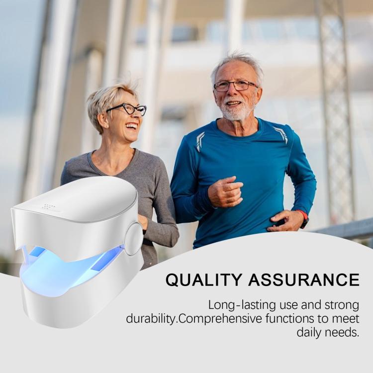 White handheld glucose tracker device near older couple, quality assurance callout.