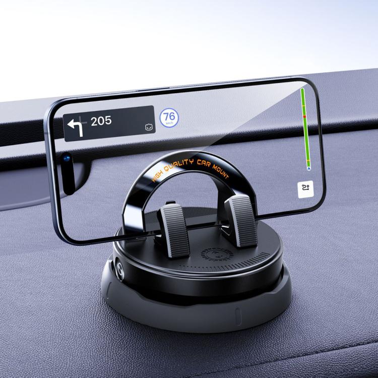 Car dashboard anti-slip phone mount with circular base and adjustable clamp arms