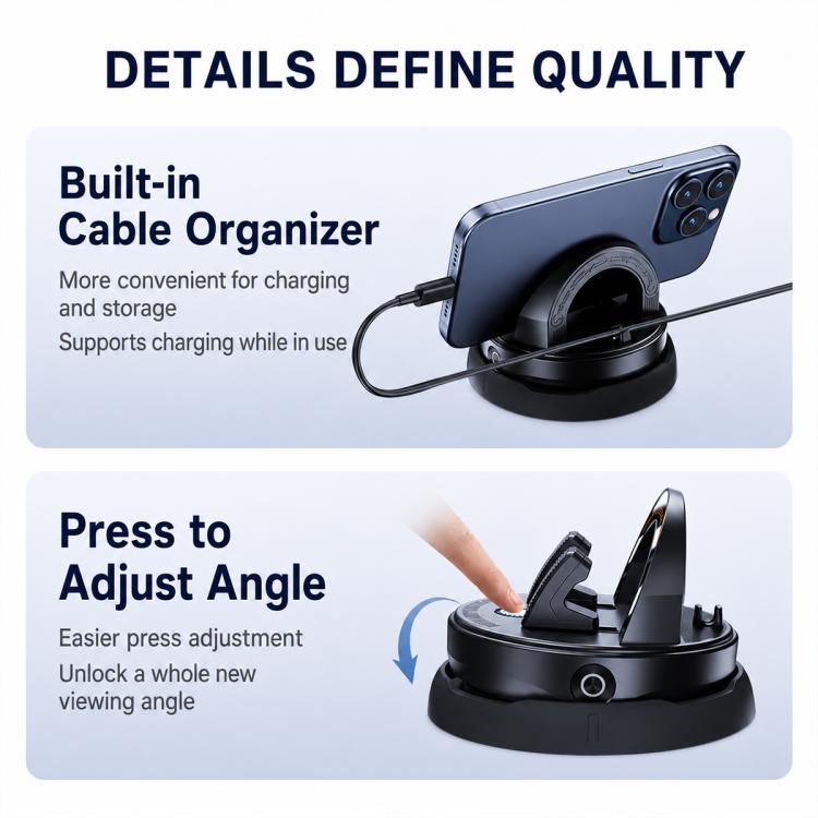 Black car phone holder with built-in cable organizer and adjustable angle clamp