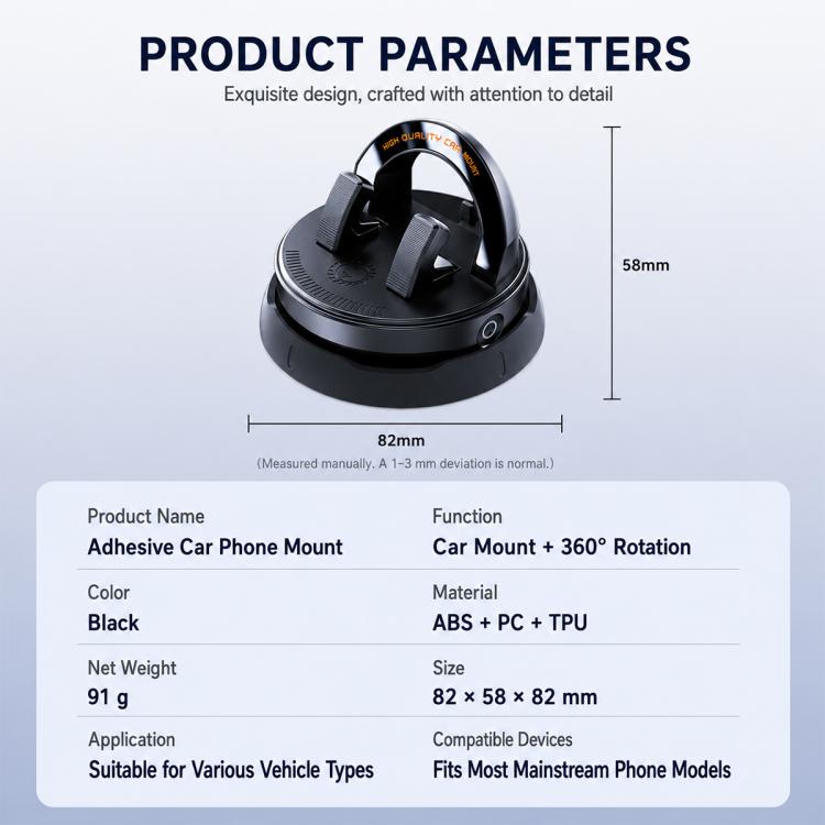 Black car phone mount with circular suction-style base and pivoting clamp