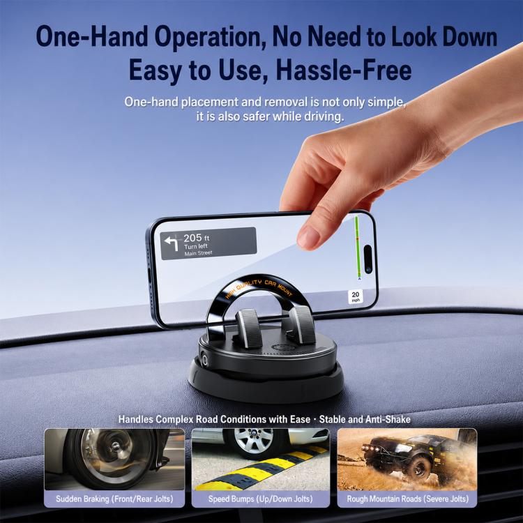 Car dashboard phone holder with phone in cradle and spring clamp under a hand