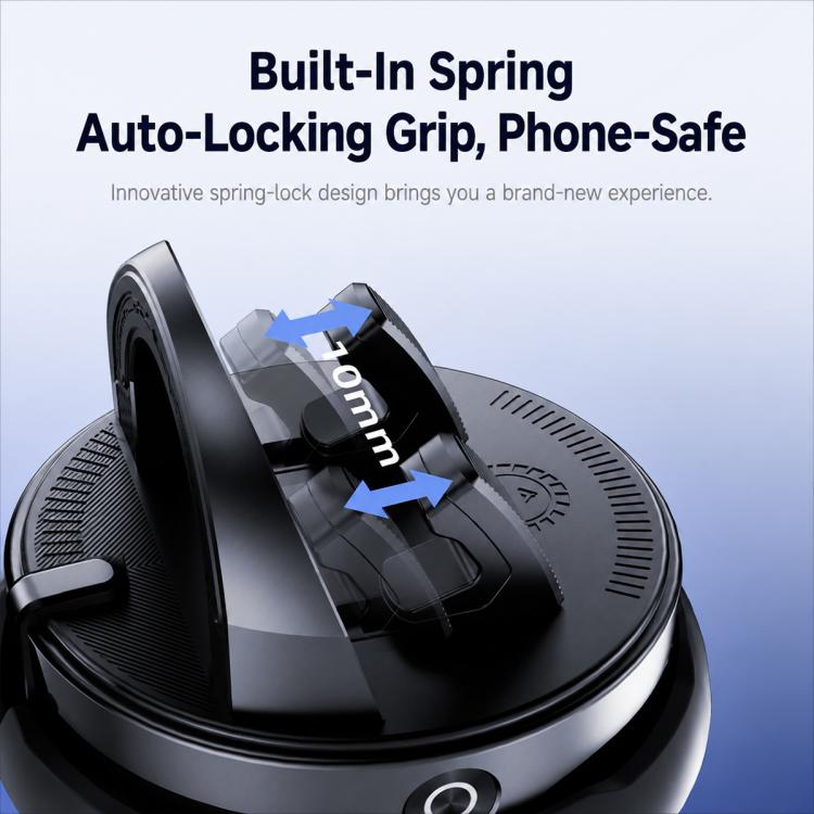 Car dashboard phone holder with built-in spring auto-lock grip shown in close-up
