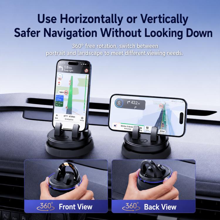 Car dashboard phone holder showing 360° rotation for portrait and landscape views