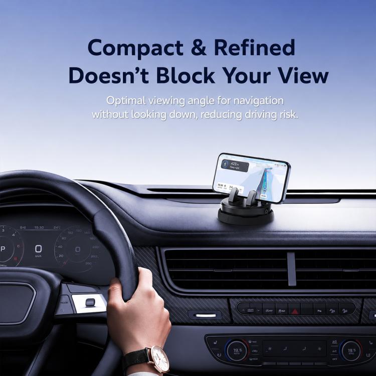 Car dashboard phone holder compact base securing a phone near the steering wheel