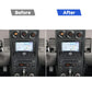 Before-and-after view of carbon fiber vent trim sticker installation on dashboard
