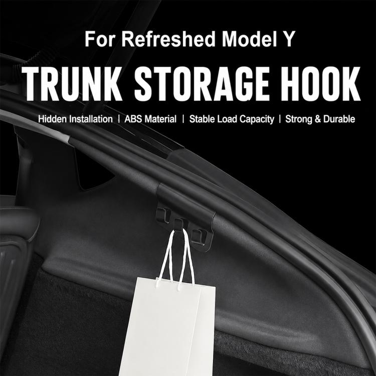 Installed trunk storage hook for hanging shopping bags on the side