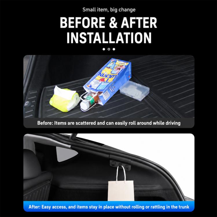 Trunk side hook holding items in place for tidier vehicle storage