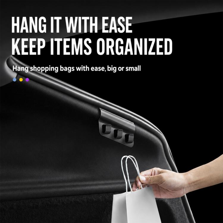 Trunk side hook with two hanging slots for organizing shopping bags