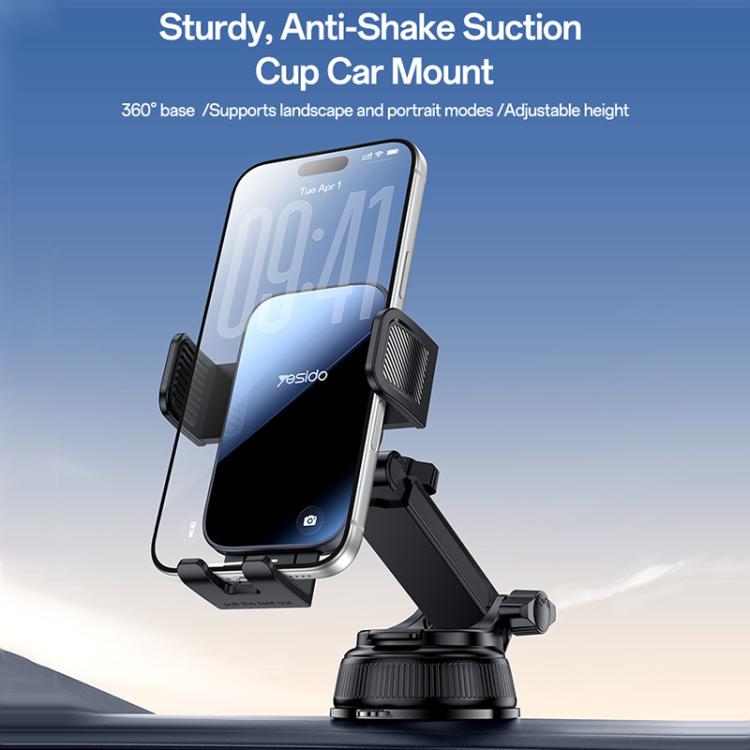 Car suction cup phone mount with clamp cradle, black and slim telescoping arm