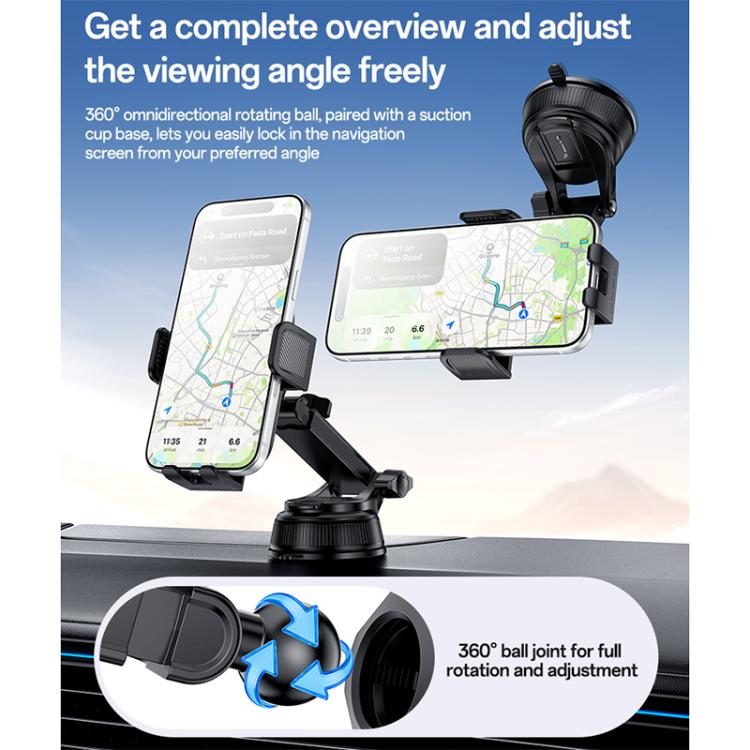Car phone mount with clamp cradle and swivel ball joint on suction base, black