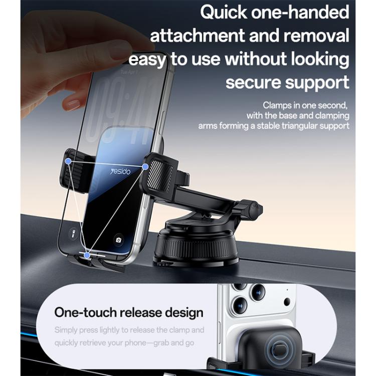 Car phone clamp mount with one-hand release lever and suction base, black