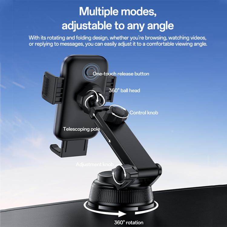 Car phone holder with telescoping arm, one-touch release button, and 360° ball head