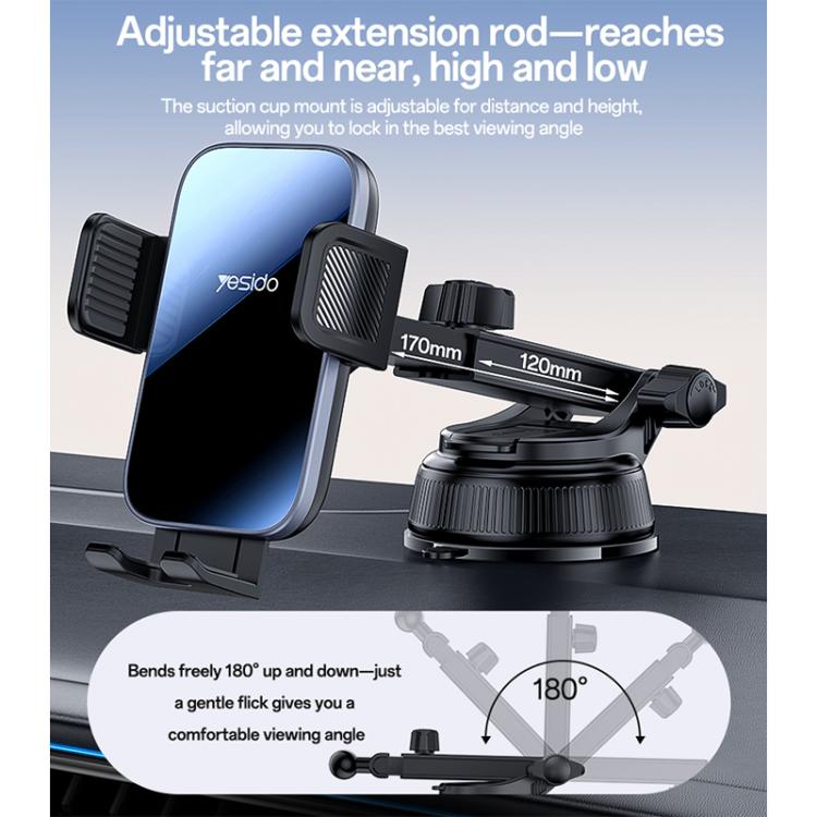 Car phone holder suction mount with adjustable extension arm and clamp, black
