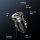 Black dual-port car charger with USB-A and Type-C, compact metal body.