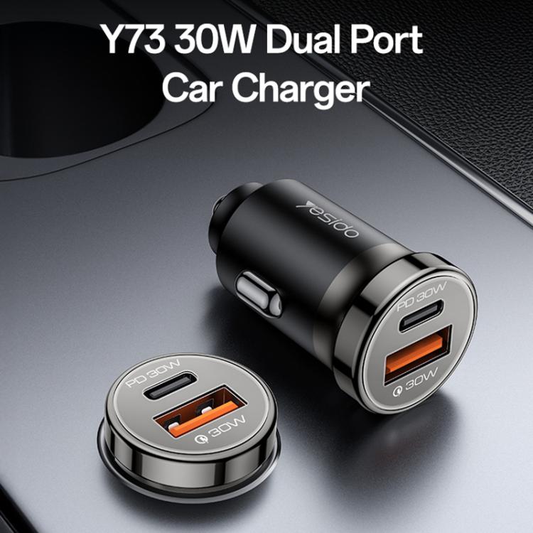 Dual-port car charger with orange USB port, round metal face, PD 30W